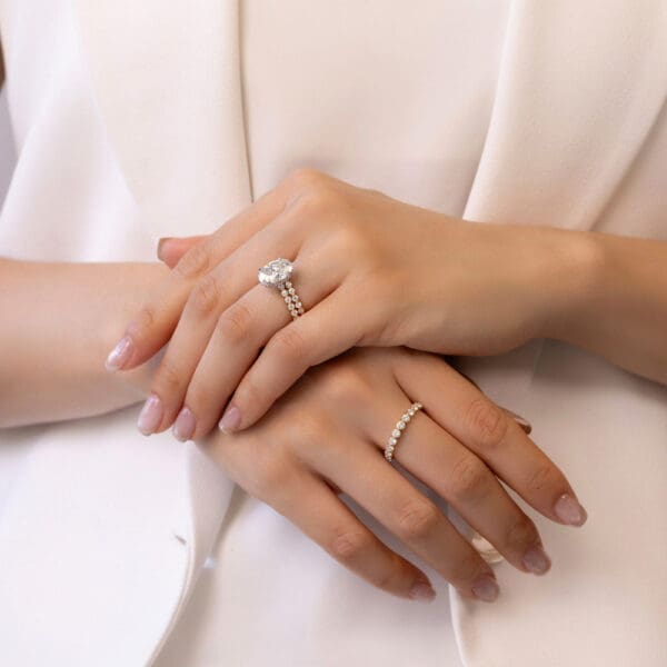 Model Wears Yelow Gold Diamond Gracie 2.0 2.5 Scalloped Round Shared Prong Band Gracelyn Oval 3.50Ct Under Rail Set Ring