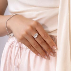 Model Wears White-Gold-Moissanite Roxanne-Radiant 8X6 Prong Set Trilogy Ring