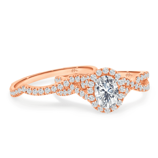 Newport A Rose Gold Moissanite Jigsaw Cut Pave Wedding Band Prong Set Crossover Halo Ring
