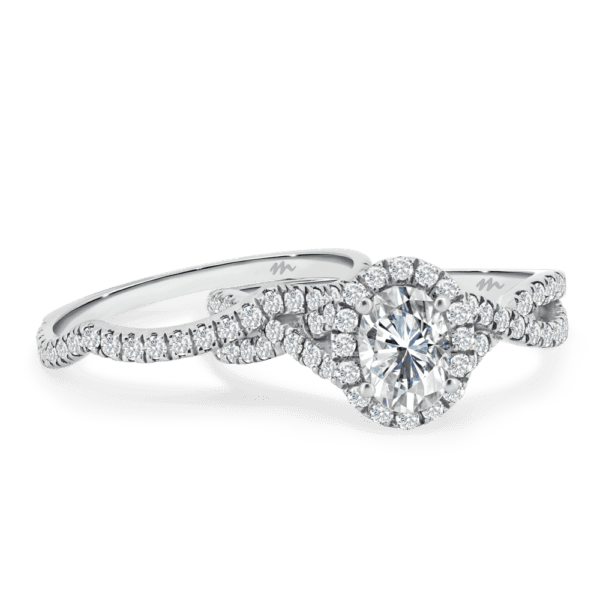 Newport A White Gold Moissanite Jigsaw Cut Pave Wedding Band Prong Set Crossover Halo Ring