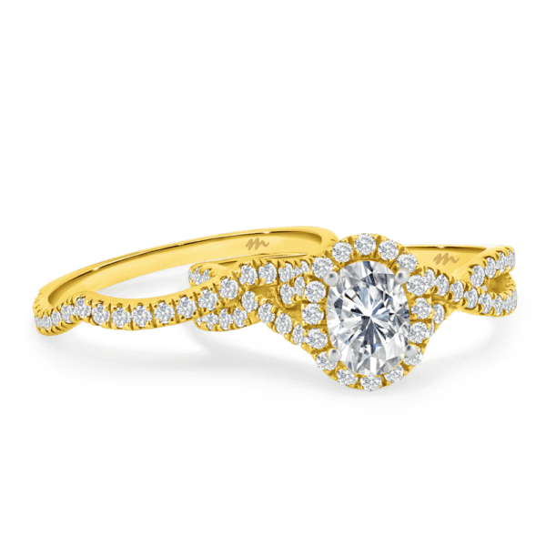 Newport A Yellow Gold Moissanite Jigsaw Cut Pave Wedding Band Prong Set Crossover Halo Ring