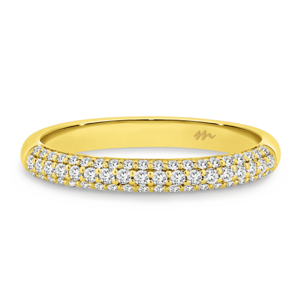 Rosita A Yellow Gold Moissanite Triple Row Rolling Pave Set Wedding Ring