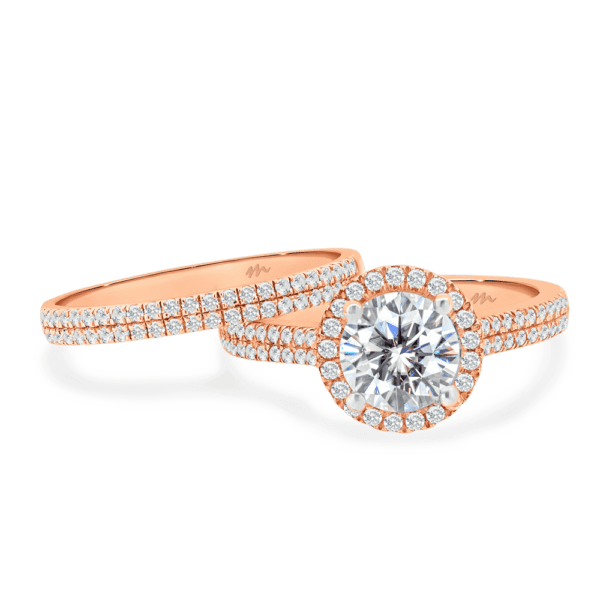 Rozelle A Rose Gold Moissanite Double Row Pave Set Wedding Band Rozelle 7.0 Four Prong Halo Ring
