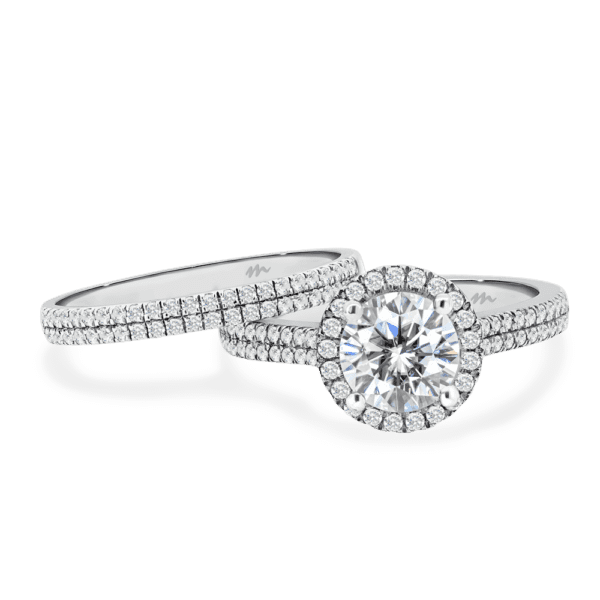 Rozelle A White Gold Moissanite Double Row Pave Set Wedding Band Rozelle 7.0 Four Prong Halo Ring