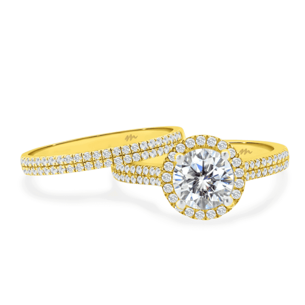 Rozelle A Yellow Gold Moissanite Double Row Pave Set Wedding Band Rozelle 7.0 Four Prong Halo Ring