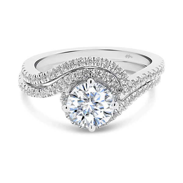 Sarah 6.5 Front White Gold Moissanite Swirl Halo Prong Set Band Engagement Ring