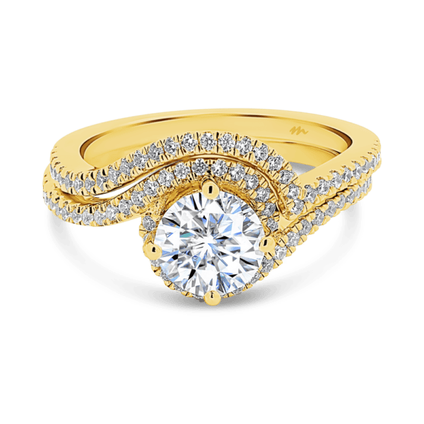 Sarah 6.5 Front Yellow Gold Moissanite Swirl Halo Prong Set Band Engagement Ring