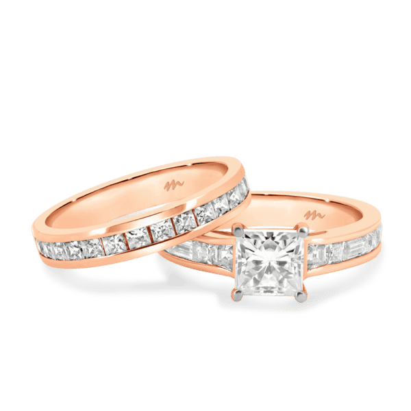 Sia A Rose Gold Moissanite Princess Cut Channel Wedding Band Sia 6.5 Alternating Square Baguette Low Setting Ring