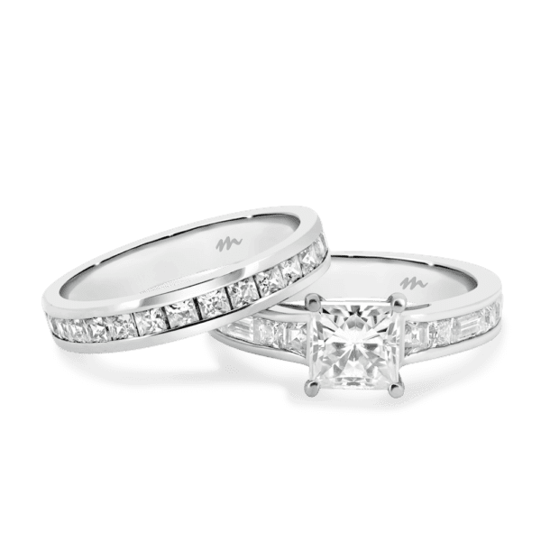 Sia A White Gold Moissanite Princess Cut Channel Wedding Band Sia 6.5 Alternating Square Baguette Low Setting Ring