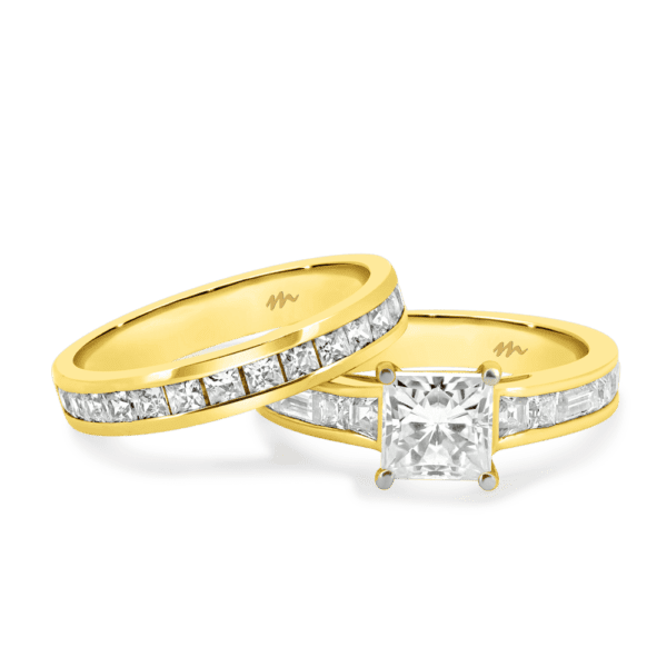 Sia A Yellow Gold Moissanite Princess Cut Channel Wedding Band Sia 6.5 Alternating Square Baguette Low Setting Ring