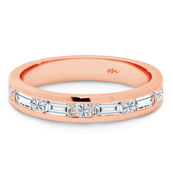 Sia C Front Rose Gold Moissanite Alternating Princess Baguette Cut Channel Set Ring