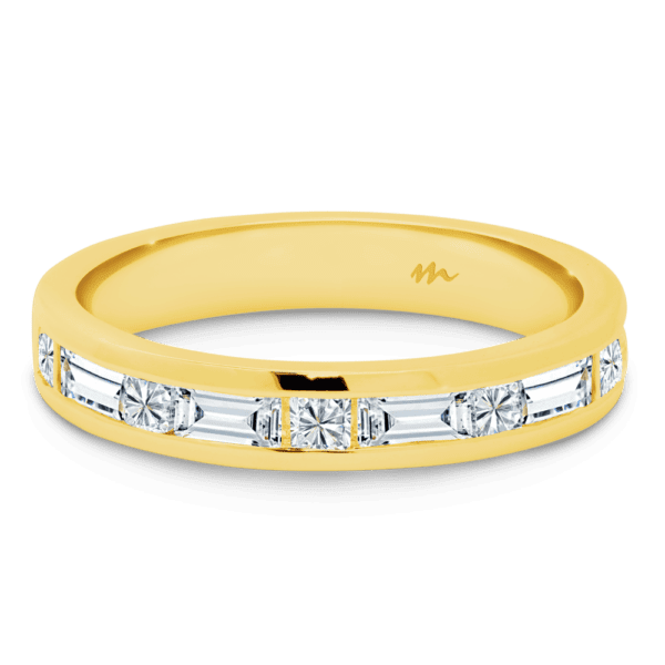Sia C Front Yellow Gold Moissanite Alternating Princess Baguette Cut Channel Set Ring