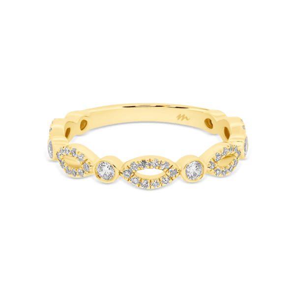 Tamika Yellow Gold Moissanite Bezel Set Round Pave Set Marquise Shaped Wedding Ring