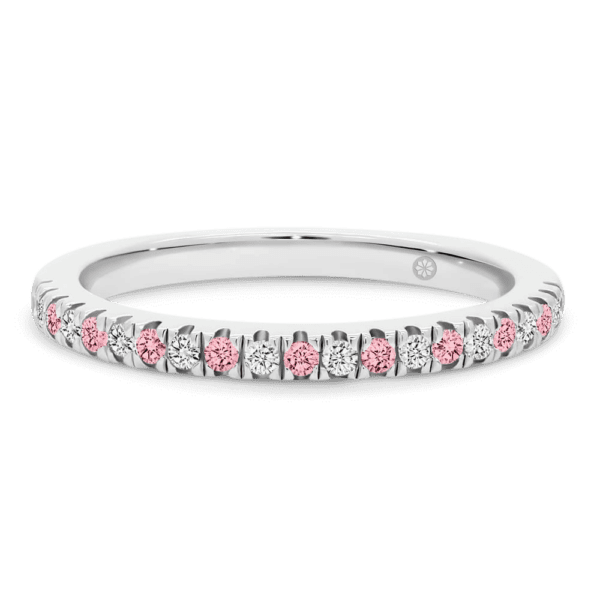 Model wears Angela Pink 1.1 white gold Lab Grown Diamond U prong half set wedding ring
