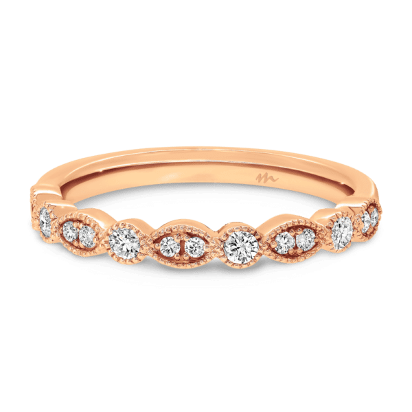 Anneka A Front Rose Gold Moissanite Round Marquise Shaped Vintage Milgrain Wedding Ring