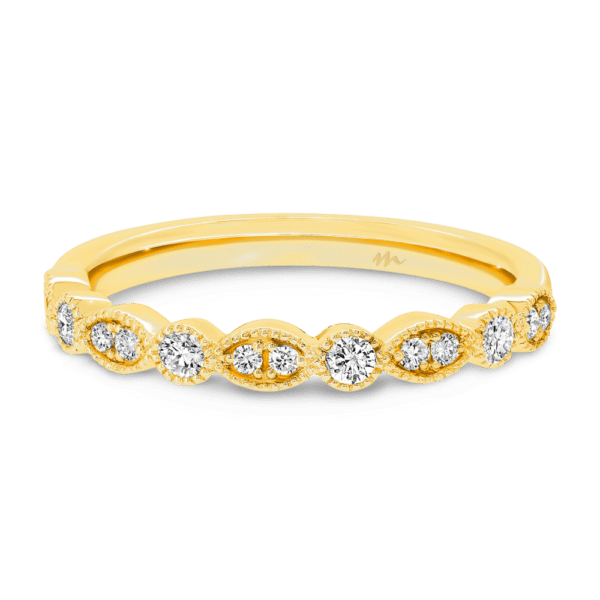 Anneka A Front Yellow Gold Moissanite Round Marquise Shaped Vintage Milgrain Wedding Ring