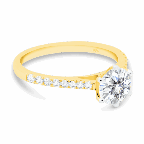 Aspley 6 5 Angled Yellow Gold Moissanite 6 Prong Graduating Half Prong Set Band Ring