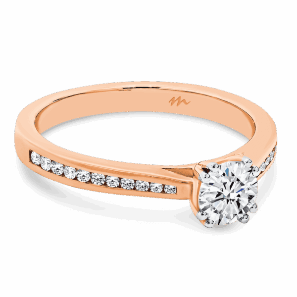 Bailey 5 0 Angled Rose Gold Moissanite 4 Double Prong Round Channel Set Band Ring