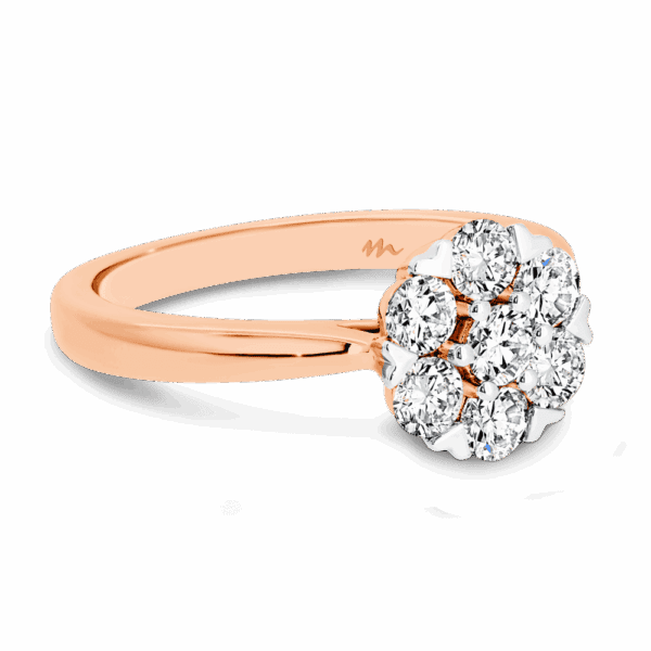 Camelia Angled Rose Gold Moissanite Floral Cluster Solitaire Tapered Rounded Band Ring