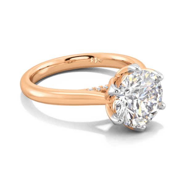 Coral 9 0 Angled Rose Gold Moissanite Protea Basket 6 Prong Accented Bridge Solitaire Ring