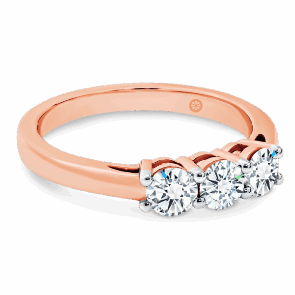 Emily 4 0 Angled Rose Gold Lab Grown Diamond 4 Prong Equal 3 Stone Trilogy Plain Band Ring