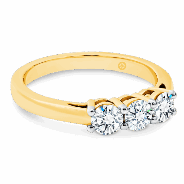 Emily 4 0 Angled Yellow Gold Lab Grown Diamond 4 Prong Equal 3 Stone Trilogy Plain Band Ring