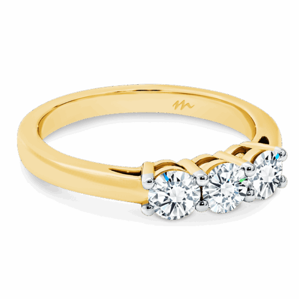Emily 4 0 Angled Yellow Gold Moissanite 4 Prong Equal 3 Stone Trilogy Plain Band Ring