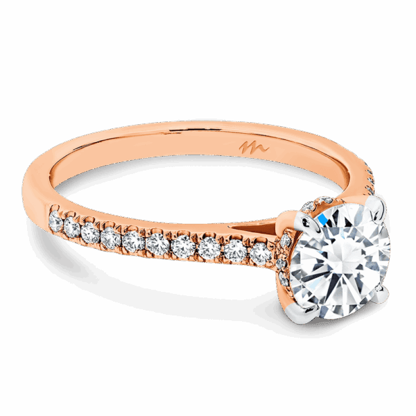 Erin Round 6 5 Angled Rose Gold Moissanite 4 Prong Under Rail Prong Set Band Ring