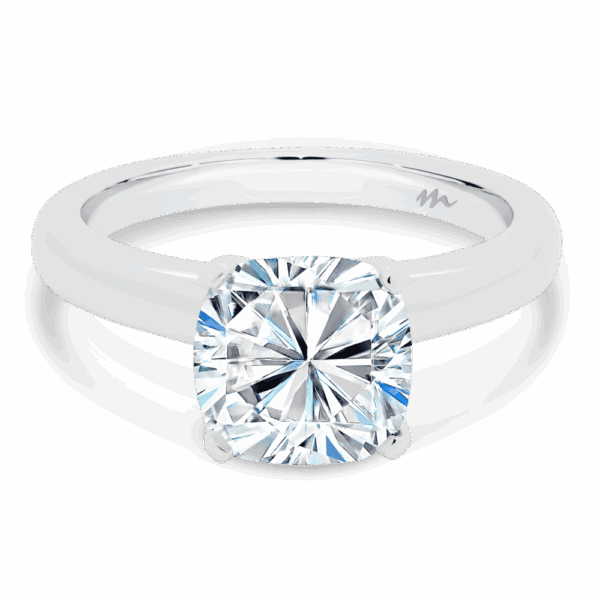 Fiona Cushion 8 0 Front White Gold Moissanite Classic Rounded Band Solitaire Ring