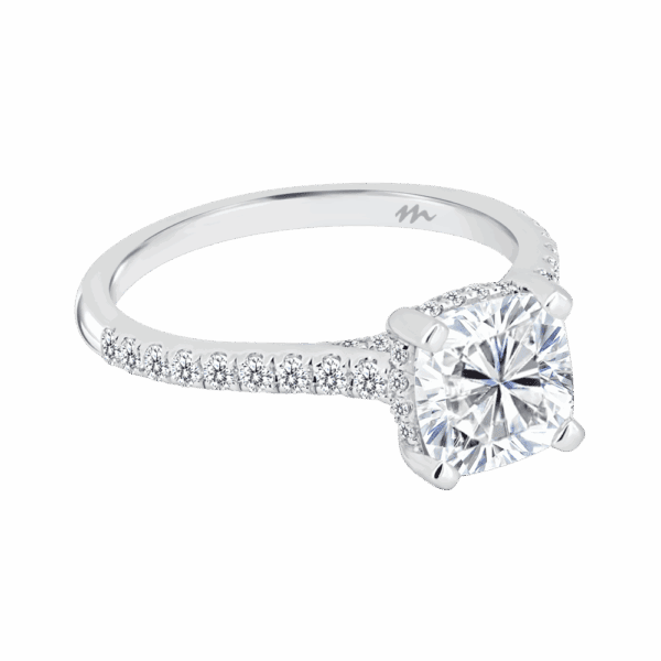 Harmony Cushion 7 0 Angled White Gold Moissanite 4 Prong Encrusted Under Rail Bridge Engagement Ring