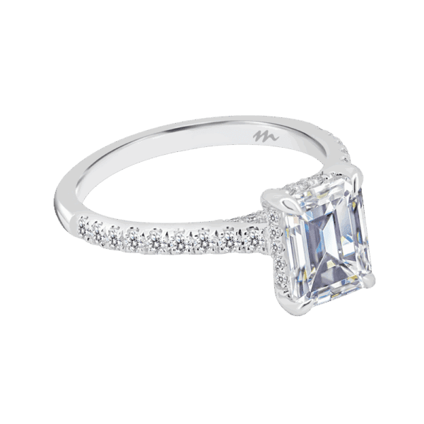 Harmony Emerald 8X6 Angled White Gold Moissanite 4 Prong Encrusted Under Rail Bridge Engagement Ring