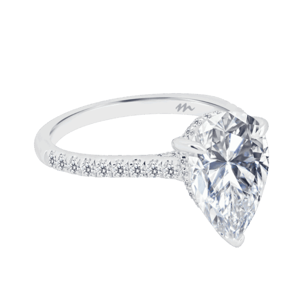 Harmony Pear 12X8 Angled White Gold Moissanite 4 Prong Encrusted Under Rail Bridge Engagement Ring