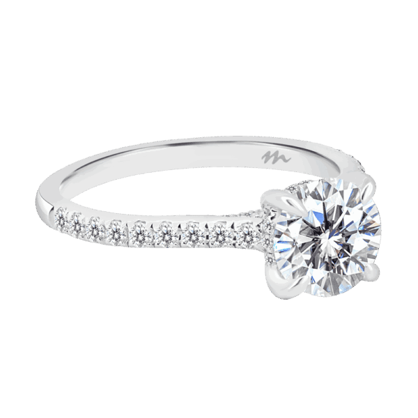 Harmony Round 7 0 Angled White Gold Moissanite 4 Prong Encrusted Under Rail Bridge Engagement Ring