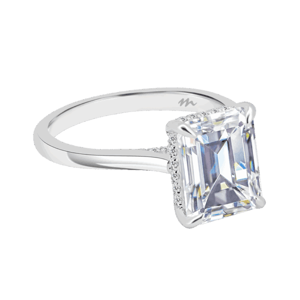 Hattie Emerald 10X8 Angled White Gold Moissanite 4 Prong Accented Under Rail Bridge Tapered Engagement Ring