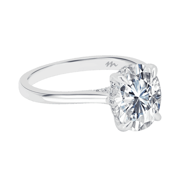 Hattie Oval 10X8 Angled White Gold Moissanite 4 Prong Accented Under Rail Bridge Tapered Engagement Ring
