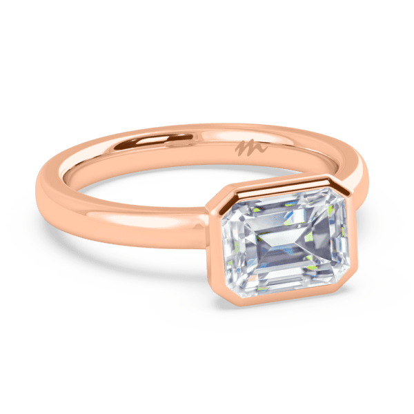 Iliana 8X6 Angled Rose Gold Moissanite East West Emerald Semi Rounded Solitaire Ring