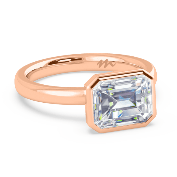 Iliana 9X7 Angled Rose Gold Diamond East West Emerald Semi Rounded Solitaire Ring