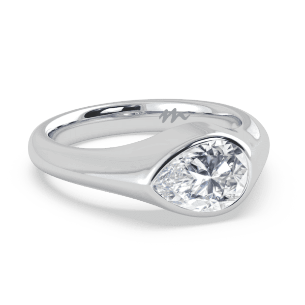 Jolene Pear Angled White Gold Moissanite East West Knife Edge Bezel Setting Solitaire Ring