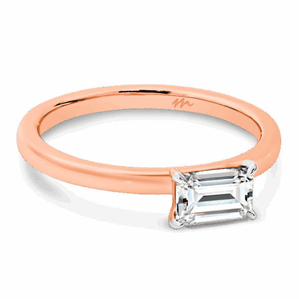 Jolie Emerald 6X4 Angled Rose Gold Moissanite 4 Prong East West Set Solitaire Half Rounded Band Ring