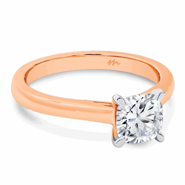 Leisel Cushion 6 0 Angled Rose Gold Moissanite 4 Prong Crossover Gallery Solitaire Rounded Band Ring
