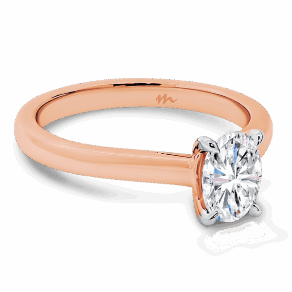 Leisel Oval 7X5 Angled Rose Gold Moissanite 4 Prong Crossover Gallery Solitaire Band Ring