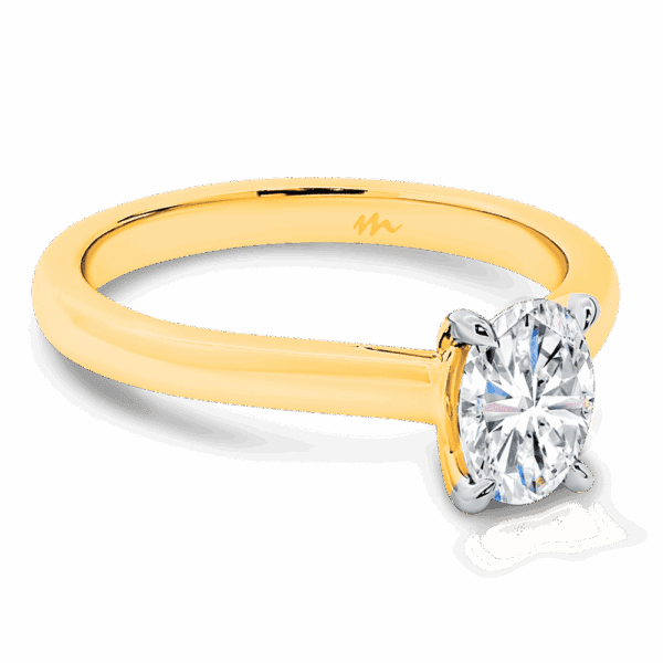Leisel Oval 7X5 Angled Yellow Gold Moissanite 4 Prong Crossover Gallery Solitaire Band Ring