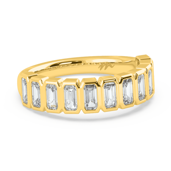 Lina Angled Yellow Gold Moissanite Emerald Bezel Set Eternity Wedding Ring