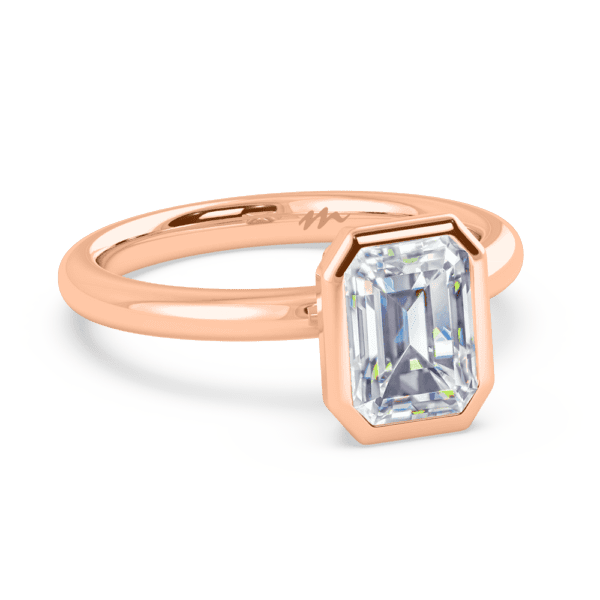 Lottie Emerald 8X6 Angled Rose Gold Diamond Bezel Rounded Solitaire Ring