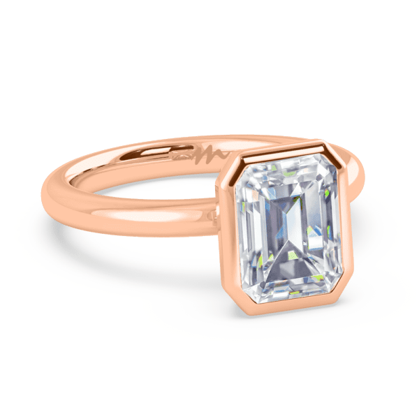 Lottie Emerald 9X7 Angled Rose Gold Diamond Bezel Rounded Solitaire Ring