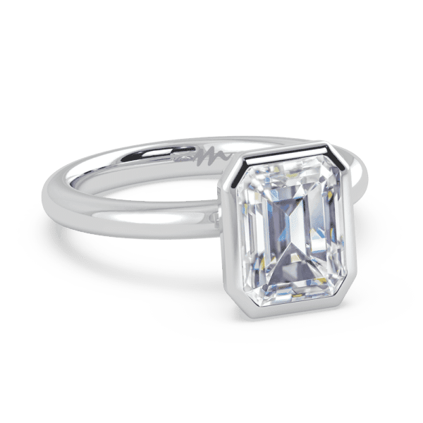 Lottie Emerald 9X7 Angled White Gold Moissanite Bezel Rounded Solitaire Ring