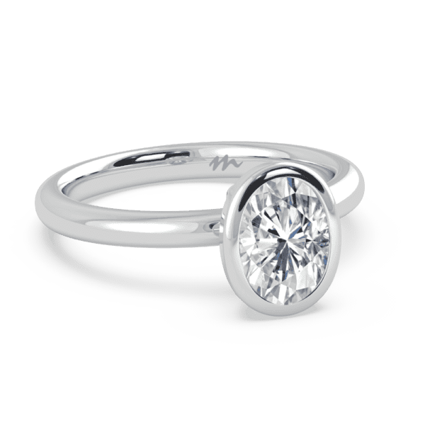 Lottie Oval 8X6 Angled White Gold Moissanite Bezel Rounded Band Solitaire Ring