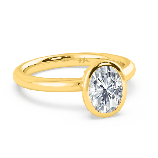 Lottie Oval 8X6 Angled Yellow Gold Moissanite Bezel Rounded Band Solitaire Ring