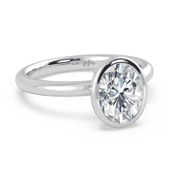 Lottie Oval 9X7 Angled White Gold Moissanite Bezel Rounded Solitaire Ring