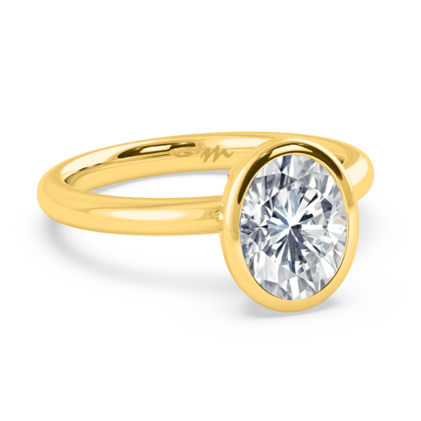 Lottie Oval 9X7 Angled Yellow Gold Diamond Bezel Rounded Solitaire Ring
